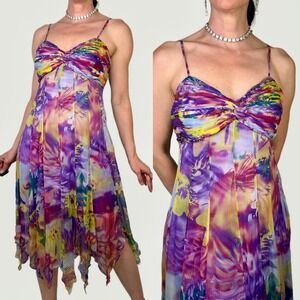 Sue Wong‎ silk abstract floral print slip dress fairy asymmetrical Y2K vintage S